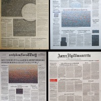 Front pages of newspapers reproduced alphabetically with a scalpel and glue