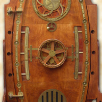 Brass and wood “pressure door” with iris, handwheel