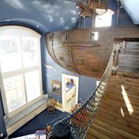 Pirate Ship Bedroom With Rope Bridge, Slide, Top-Access Closet