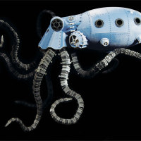 A mechanical submarine themed octopus made from 3D printed parts, with writhing grey tentacles, window ports, and rivets in the body/hull.