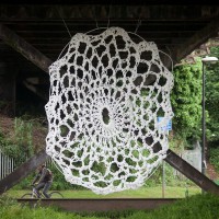 Mysterious Crocheted Yarn Bomb Under Bridge