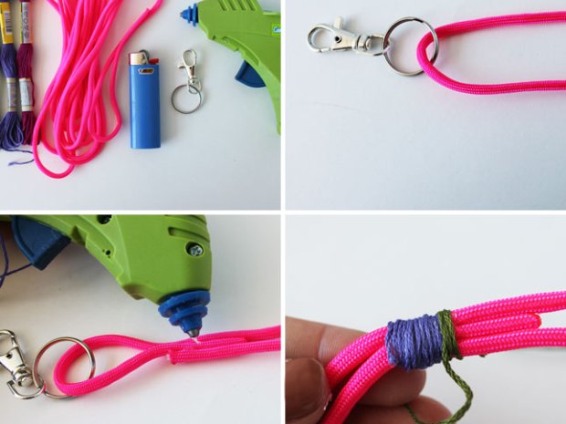 Using Rope, embroidery floss and old keychain to make the rope braceless