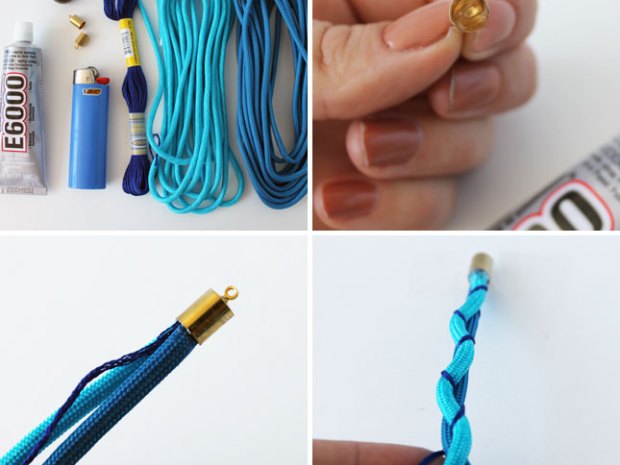 Braiding two pieces of rope and embroidery floss with bead to make a bracelet