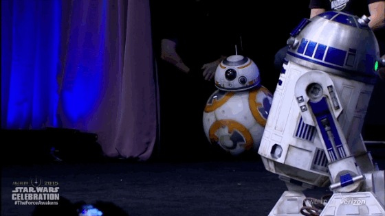 The BB-8 droid from Star Wars takes the stage at a Star Wars Celebration event in Anaheim.
