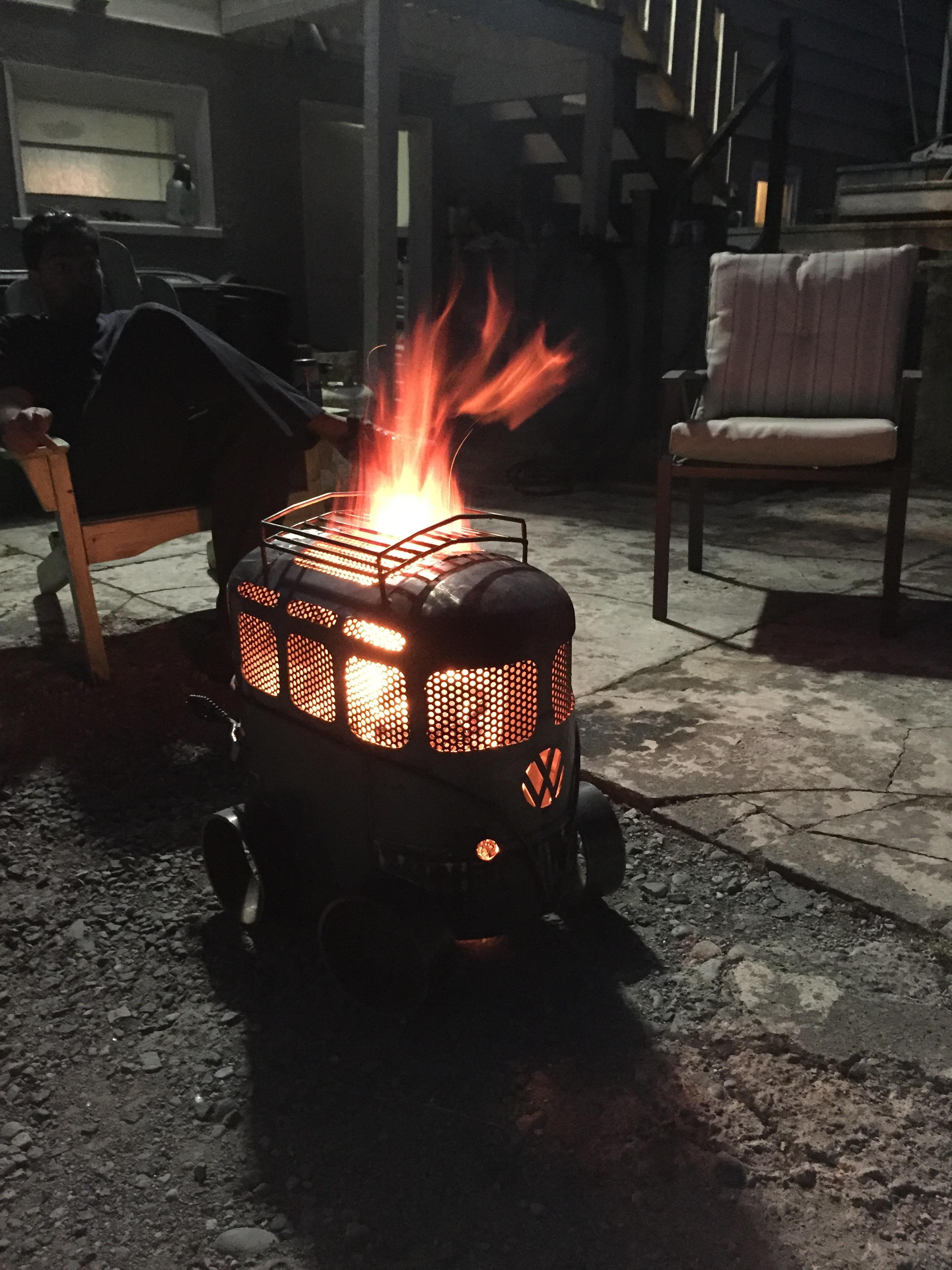 outdoor gas fire pit on wheels on Transforming A Propane Tank Into A Vw Bus Inspired Fire Pit Make