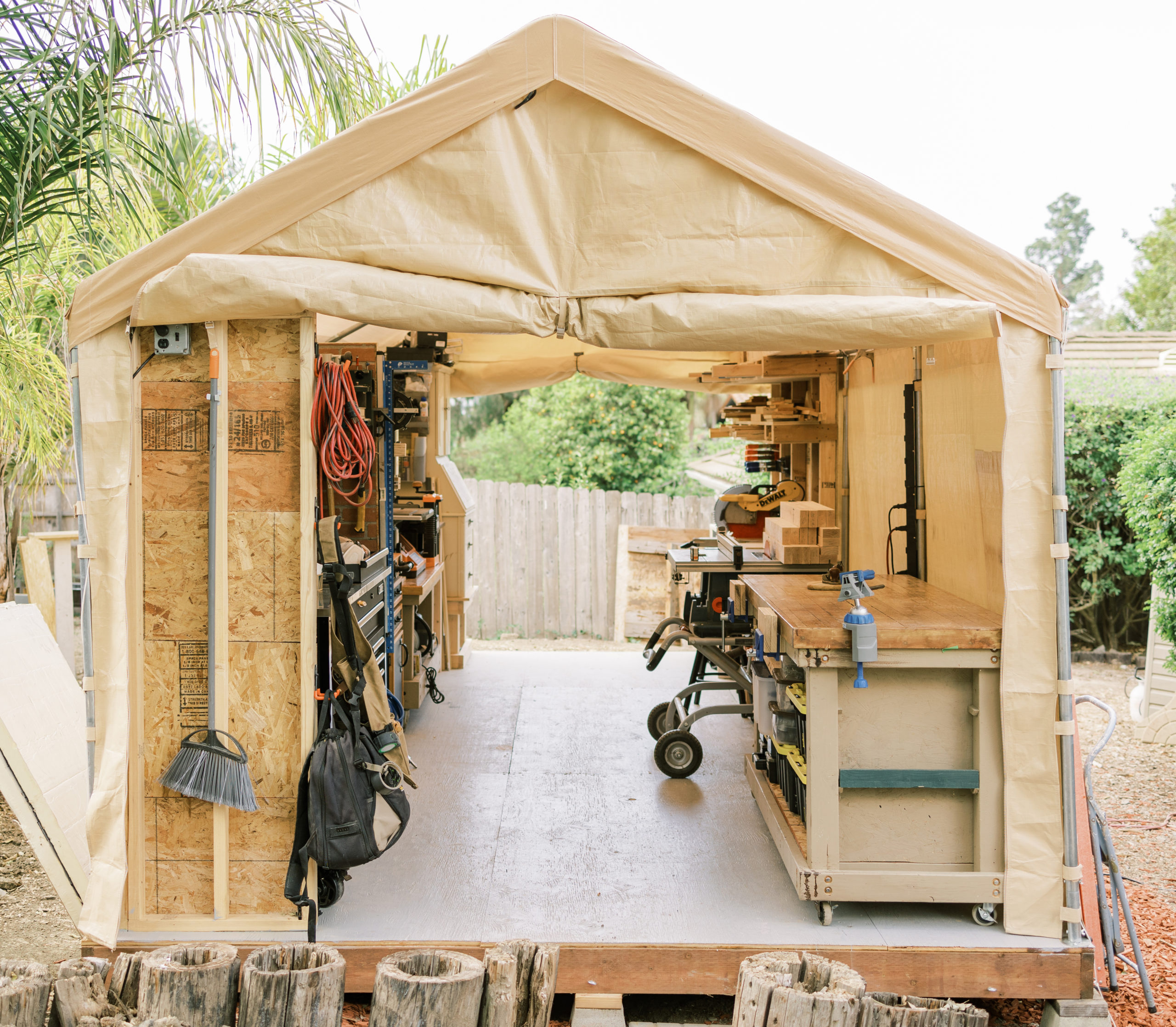 Shop Tour: This Ingenious “Temporary” Woodshop is Made From a Carport Tent