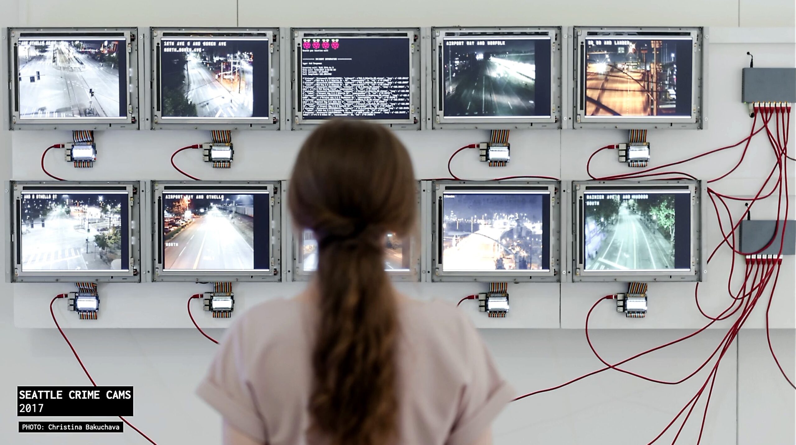 A person in the foreground is viewing a wall of 10 screens with exposed wires, each displaying security camera footage.